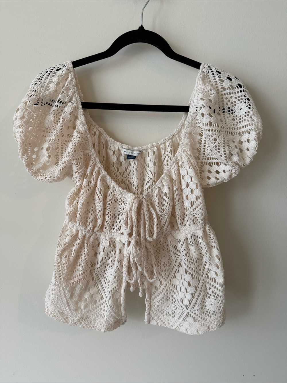 American Eagle Outfitters Crochet Puff Sleeve Peasant Top - Cream